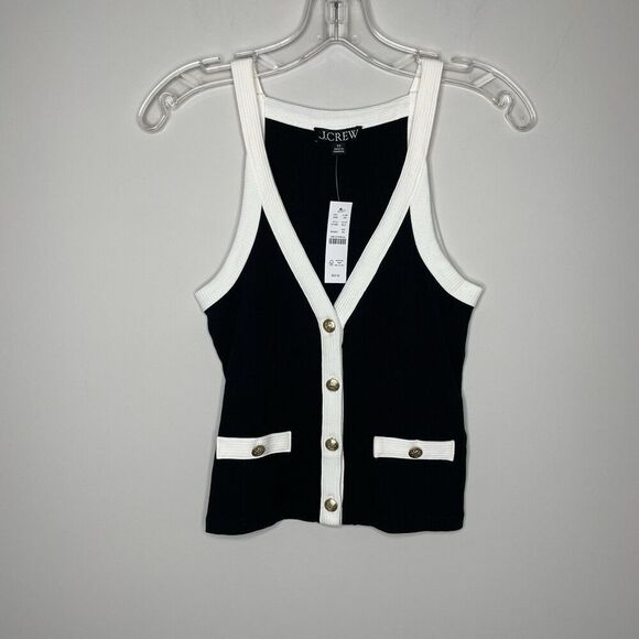 J.CREW Lady Tank Top Women XS Ribbed NEW Black Button Front BY420 - Picture 1 of 10